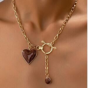 Brown Heart Pendant Necklace Gold Toggle Chain Y2K Trend